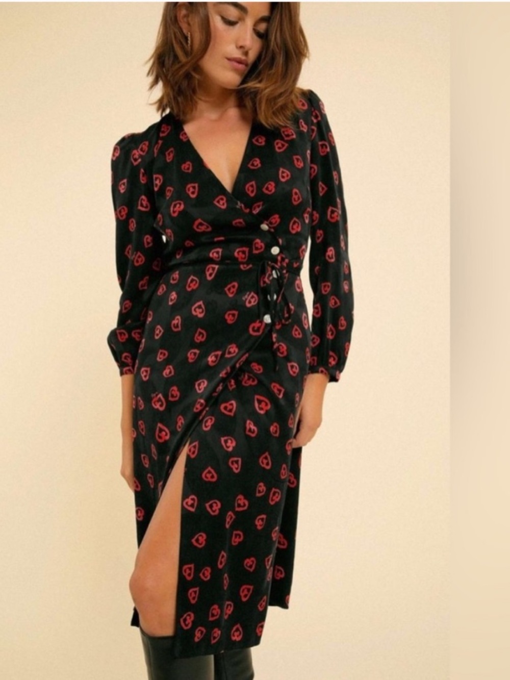 Rouje Gabin Black Midi Wrap Dress with Red Heart Print